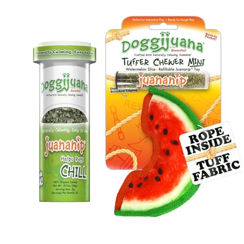 Image of Doggijuana Watermelon Slice & Juananip Bundle | Squeaky Refillable Plush | Refillable squeaky plush dog toy + organic calming catnip; eases anxiety, stress & storms; drug-free, hand-harvested