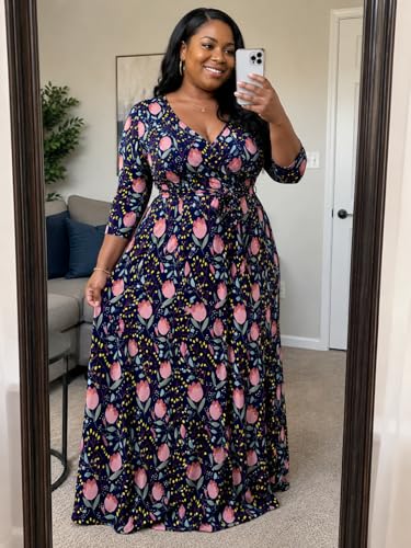 Image of PinkPatty Women's Print Maxi Dresses 3 /4 Sleeve Flowy Long Dress V Neck Wrap Tie Waist Sundress