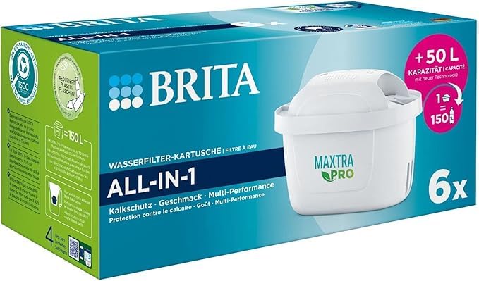 BRITA Maxtra Pro All-in-1 Water Filter Cartridge - Pack of 6 (Half Year Stock): Replacement for All BRITA Jugs. Filters PFAS, Chlorine, Limescale & Metals for Fresh Water