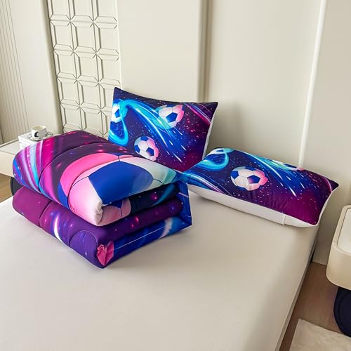 Image of Peopleareok Soccer Comforter Set Full(79x90 Inch), 3D Printed Purple Galaxy Soccer Theme Comforter, Sports Football Bedding, 3 Pieces Soft Microfiber Football Bedding Set for Boys with 2 Pillowcases