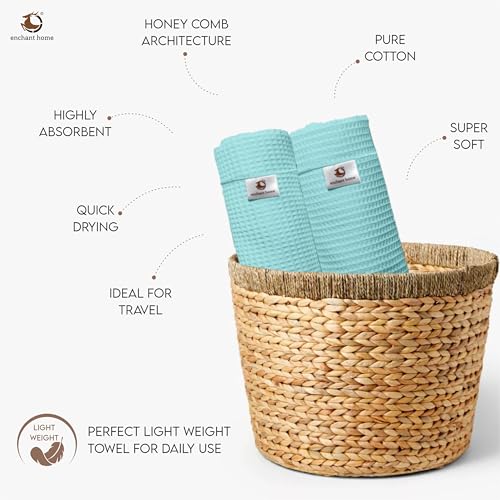 Image of Pure Cotton Waffle Towel | Lightweight | Anti-Microbial and Water Absorbent | Soft Touch Quick Drying Hand Towels (Aqua, Pack of 4)