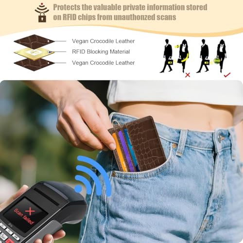 Image of Slim Credit Card Holder Crocodile Wallet Women Thin Wallets | Alligator Print RFID Blocking Minimalist Lightweight Pocket Small Cute Cards Holders ID Window, Coffee Croc