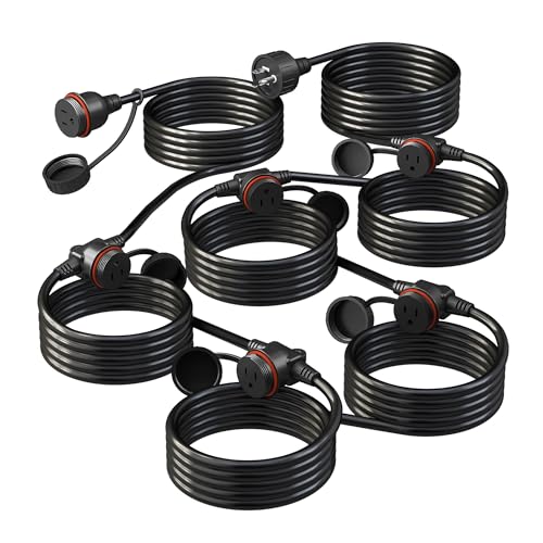 50FT Black Outdoor Extension Cord Evenly Spaced 6 Outlets Plugs with Waterproof Cover 16/3 SJTW Weatherproof Multiple Outlets Wire for Holiday Light and Halloween Christmas Decoration ETL Listed