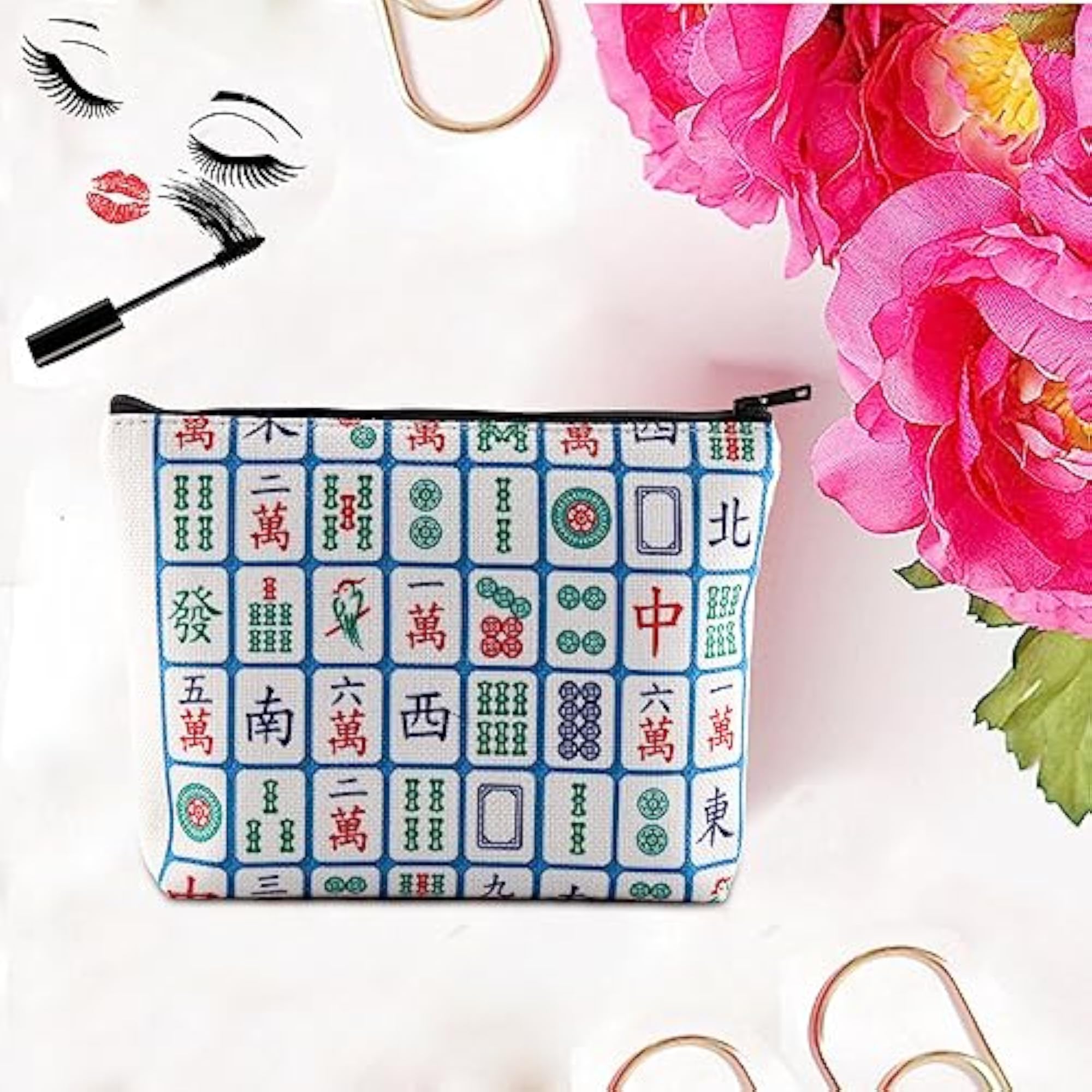 Lucky Mahjong Makeup Bag, Beige
