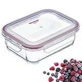 Lieferumfang: 1 x Westmark Glas-Frischhaltedose, Füllvolumen: 1040 ml, Maße: 20 x 10,5 x 7,3 cm, 5 Jahre Garantie, Gewicht: 686 Gramm, Material: Glas/Kunststoff(PP)/Silikon, Farbe: Klar/Rot, 234322E1