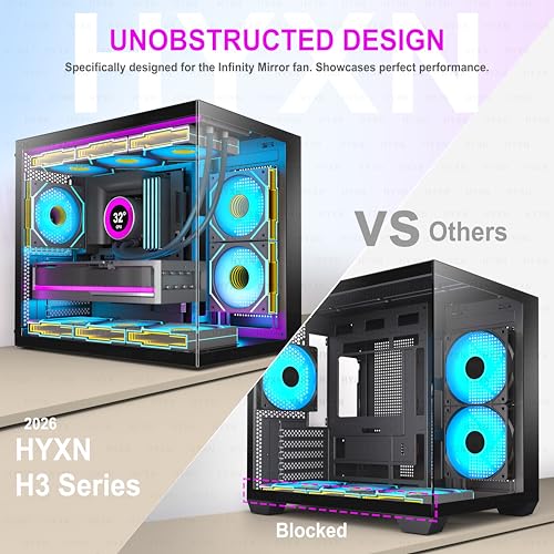 Image of H3 HYXN ATX PC Case - Pre-Installed with 6 Infinity Mirror PWM ARGB Fans - Compact Dual Cavity Mid-Tower PC Gaming Case - with Type-C 3.2-360mm Radiator Support, Black