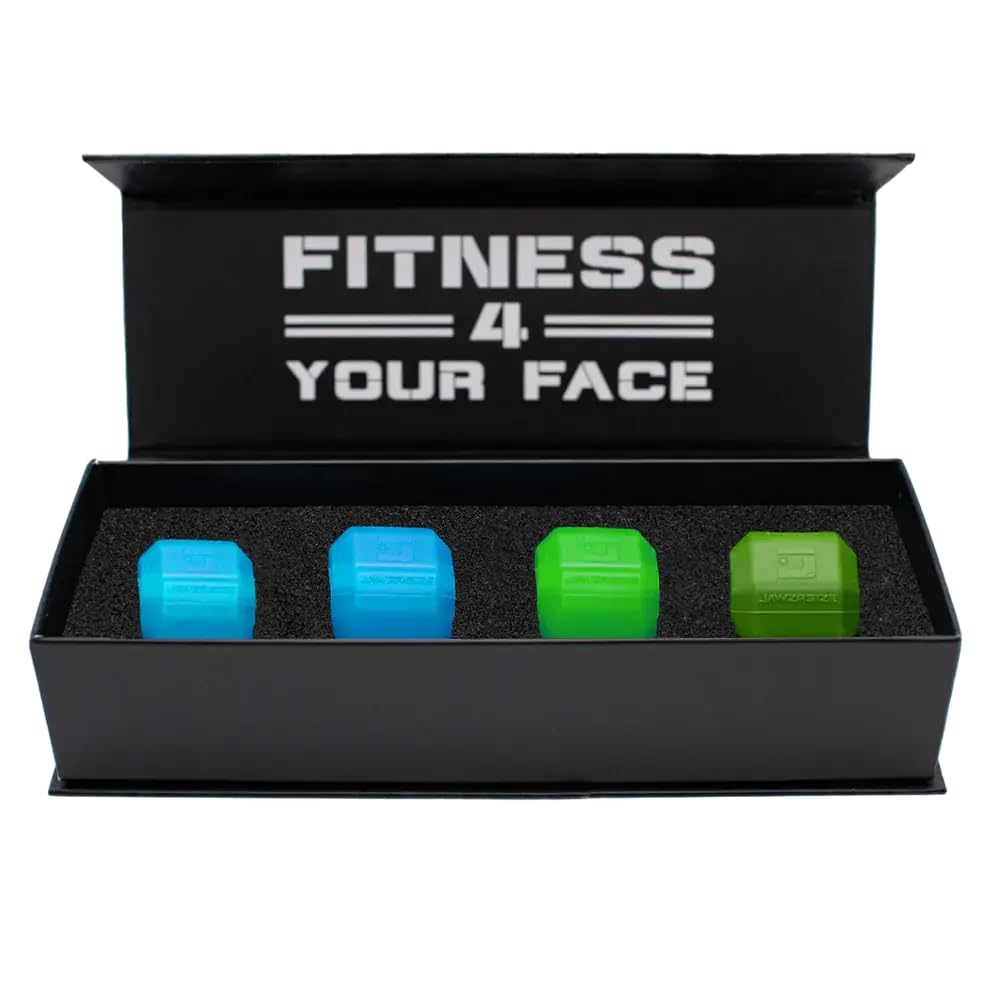 Photo 1 of Jawzrsize Athletic Bundle Jaw Enhancer - Jaw, Face, and Neck Exerciser, Helps Reduce Stress and Cravings - Facial Exercise (Pop N Go & Custom Fit (Beg., Adv., & Elite), Green & Blue)