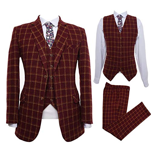 Men's Burgundy Plaid Tweed Wool Plaid Check Tuxedos Slim Fit 3 Pieces Suit Jacket Vest Pant
