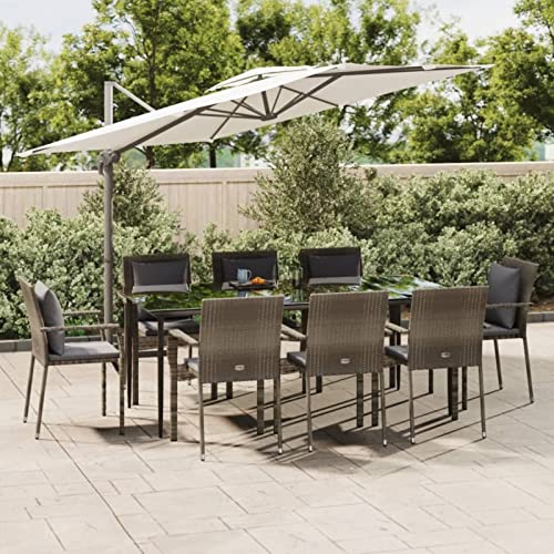 Homgoday Juego de comedor de jardín de 9 piezas con cojines negros y grises, poliratán, mesa con sillas de exterior, juego de mesa y sillas, mesas y sillas de exterior, decoración de muebles