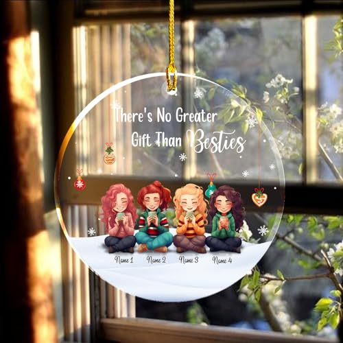 No Greater Gift Than Besties Clear Plastic Ornaments, Christmas Decorations Personalized Name Four Girls Wear Sweater with Chocolate Cup Acrylic Ornaments, Gifts for Sister Friends Bestie4