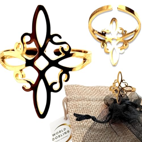 WORLD GOBLINS Anillo Nudo de Bruja Acero. Anillos Mujer Plata Hecho a Mano. Anillo Adaptable de Nudo de Bruja en Acero de Titanio. Regalos Originales Brujas Wicca (Nudo de Bruja/Acero Dorado)