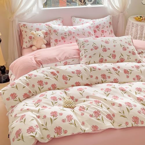 Housse de couette réversible en microfibre douce avec zip motif prairie botanique rose 135x200 - 2