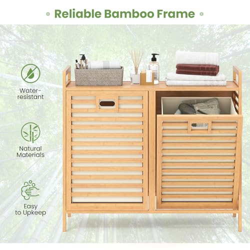 COSTWAY Bamboo Laundry Basket, 2-Compartment Laundry Hamper with Tilt-out Removable Bags and Shelf, Dirty Clothes Cabinet Bin Washing Basket Sorter Organiser for Bathroom Bedroom, 80x30x72cm, Natural - Image 3