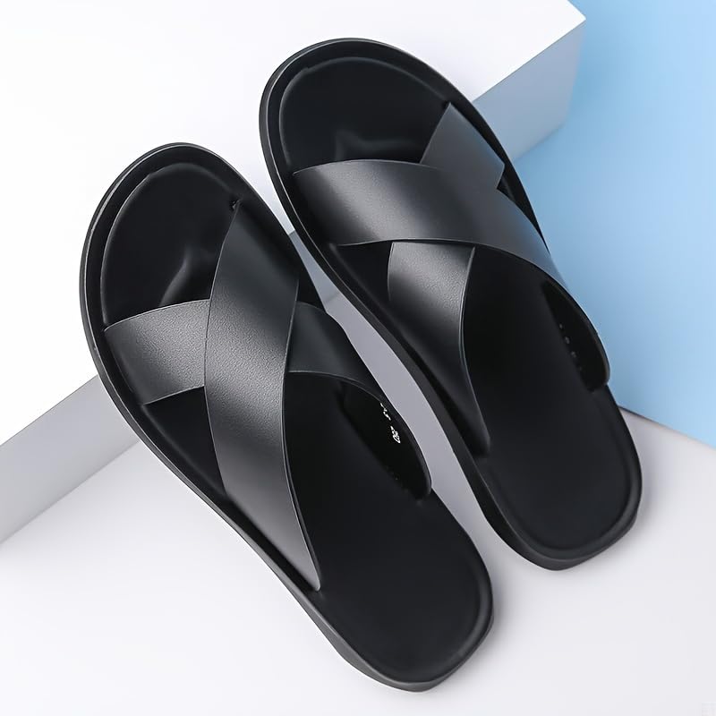 Men's Solid Colour Cross Straps Open Toe Breathable Slippers, Comfy Non Slip Casual Durable Slides,3