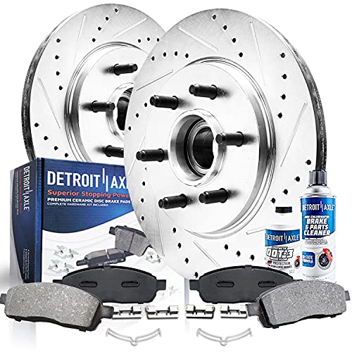 Image of Detroit Axle - RWD Front Brake Kit for 2004-2008 Ford F-150 | 2006-2008 Lincoln Mark LT Drilled & Slotted Disc Brake Rotors Ceramic Brake Pads 2005 2006 2007 Replacement