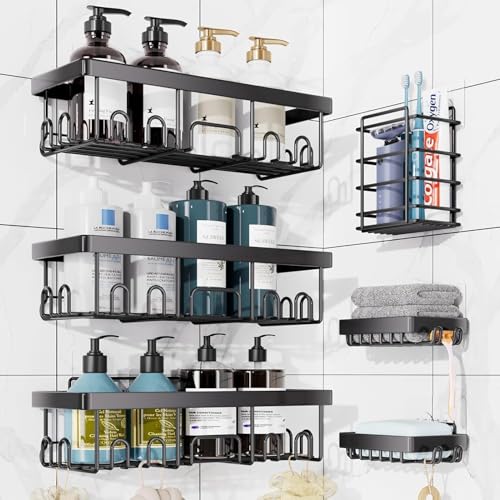 Image of JD FRESH 6 in 1 Self Adhesive Organizer Combo /Stand for Bathroom Without Drill /Racks and Shelves for Wall /Soap Holder with Tooth Brush Holder /Bathroom Accessories - (Black, 6pc)