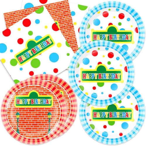 Senliart 40Pcs Sesame Friends Birthday Party Supplies Street Themed Plates and Napkins Supplies Cartoon Friends Tableware Set Decorations Sesame Brick Wall Baby Shower Decorations