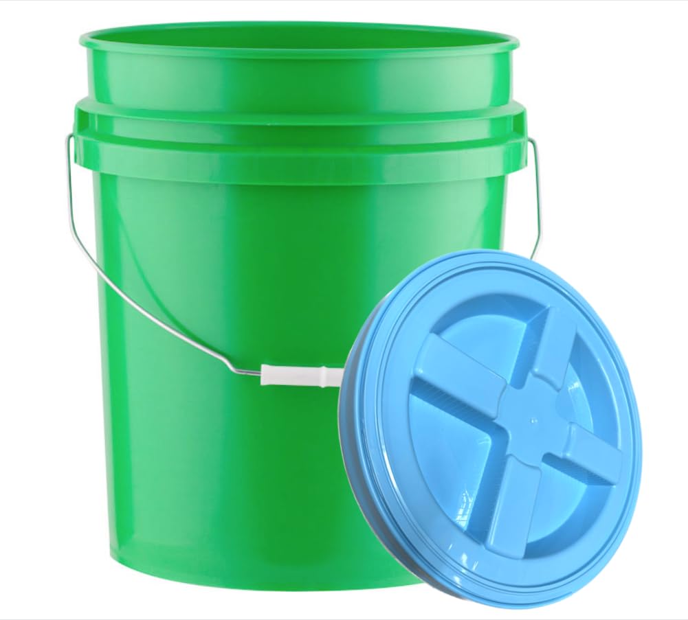 House Naturals 5 Gallon Food Grade Plastic Bucket with Air Tight Screw on Lid Made in USA Container (Green Bucket with Aqua Lid)