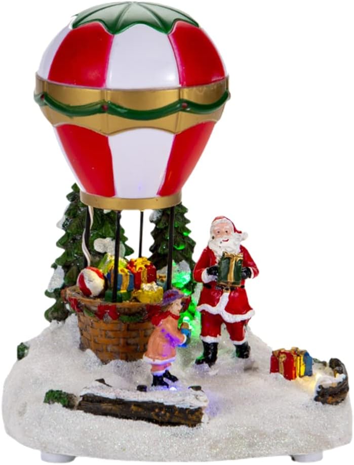 Christmas Village Houses,Christmas LED Lighted House Micro Landscape Battery Operated Ice Cream Shop Musical Animated Christmas Scene Christmas Village Hot Air Balloon House for