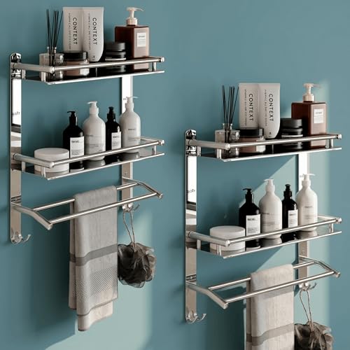 Image of GLOXY Premium Stainless Steel Washroom Storage Organizer Combo Pack of 2 | Chrome Finish Double Layer Wall Mount Bathroom Shelf Rack with Towel Rods | Home Decor Bathroom Fittings Accessories Set