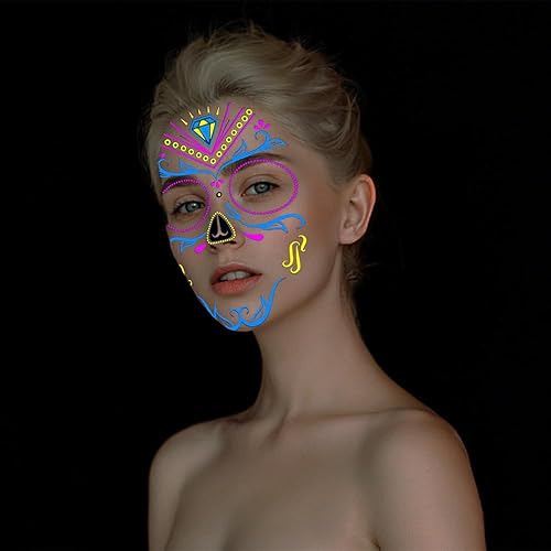 Miniatura 3 de 8 hojas de tatuajes temporales para el Día de los Muertos, calcomanías temporales luminosas fluorescentes de La Catrina, calavera falsa para mujeres