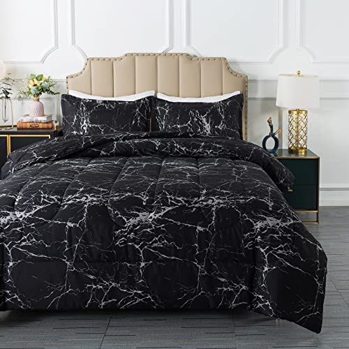 Image of Caressma Twin Size Black Marble Comforter Set, Lightweight Soft 100% Microfiber Bedding Comforter Sets, Fluffy Comforter with Pillowcase 2 Pieces
