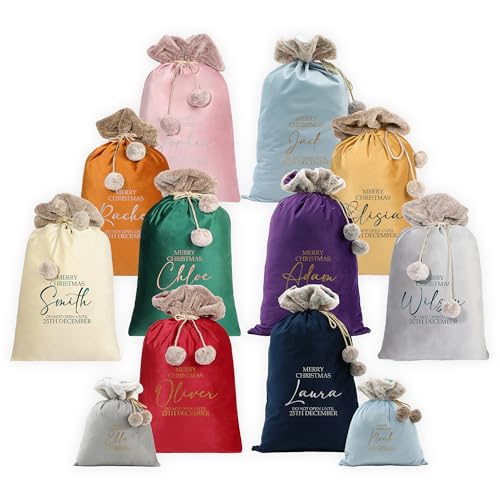 Print Maniacs Personalised Velvet Santa Sack with Luxury Fur Trim – Large Bag for Kids & Adults – Custom Name or Initial – Perfect for Xmas Décor & Tree Decoration