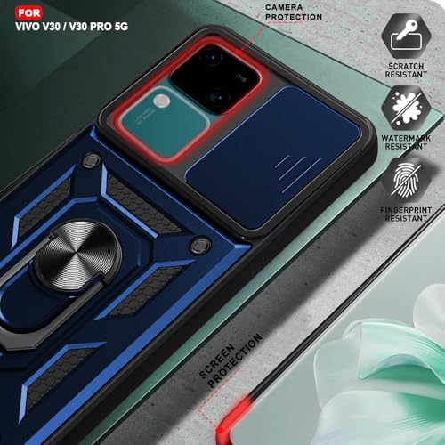 Image of AESTMO Tough Armor Vivo V30 / V30 Pro 5G Bumper Back Case Cover | Ring Holder & Sliding Camera Shield Cover | 360 Degree Protection Back Case Cover for Vivo V30 / V30 Pro 5G (Blue)