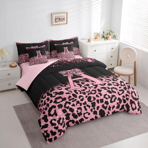 Image of Feelyou Bow Initial Letter A King Comforter Set with Sheets for Kids Boys Girls Glitter Leopard Print 7 Pieces Bedding Set Girly Bow Bed in a Bag Room Decor Soft Lightweight Microfiber