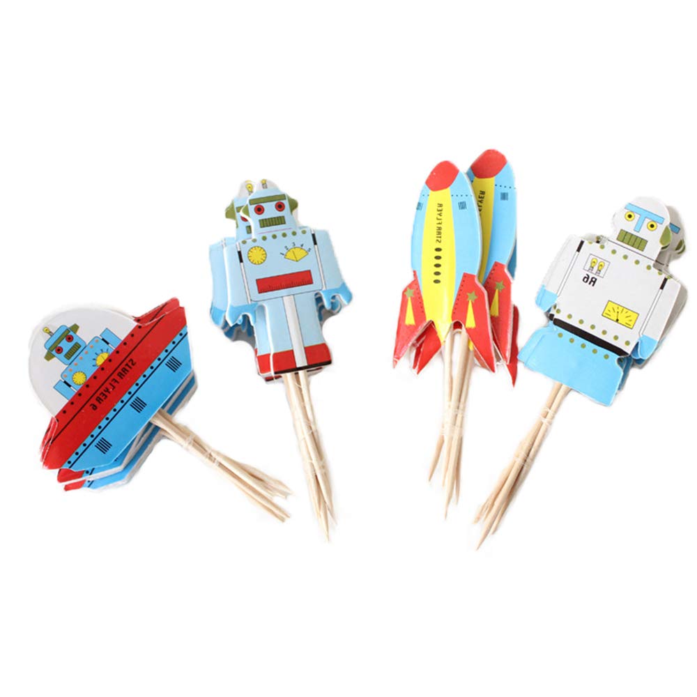 Flairs New York Happy Birthday Decorations Cup Cake Toppers Party Props (Pack of 24 Cup Cake Toppers, Spaceships & Robots)