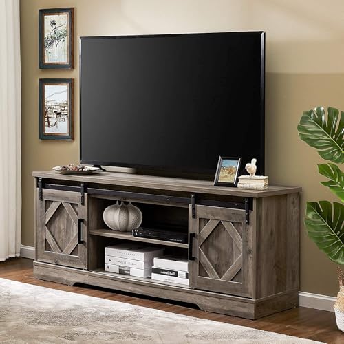 Image of WAMPAT Farmhouse Style TV Stand for 55-65 inch TV w /Distressed Wood Finish