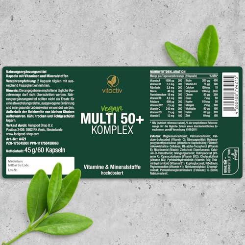 Vitactiv MULTI 50 plus - Multivitamin Komplex Menschen ab 50 - Vitamine, Mineralien, Spurenelemente - Vitamin B, C, E, K, D, Magnesium, Kalzium, Zink - Hochdosiert, Hormonfrei, ohne Jod - 60 Kapseln
