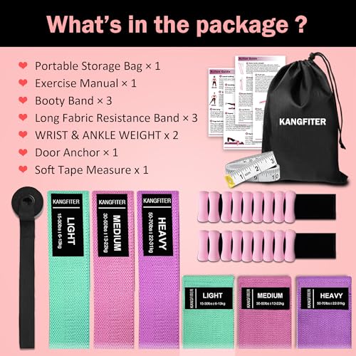 Image of KANGFITER Long and Short Fabric Resistance Bands with Ankle Weights, Non-Slip Stretch Booty Bands for Working Out Women & Men, Loop Exercise Elastic Bands for Home Physical Therapy Yoga Pilates