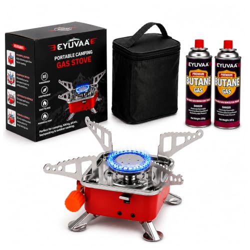 Image of EYUVAA LABEL Alloy Steel Portable Gas Stove for Travel with Butane Gas Cylinder, Folding Furnace Outdoor Camping Stove, Lightweight Gas Burner for Hiking and Emergency Use (Stove + 2 Butane Refill)