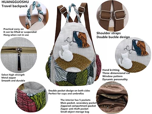 Image of Women's Cotton Hemp Cloth Backpack Boho Vintage Embroidered Casual Purse Handbag Messenger Bag with Cat Design