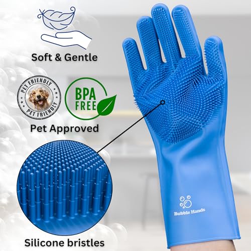 Image of Dog Washing Gloves with Bristle Scrubbers, Reusable Silicone Gloves Ideal for Pet Bathing, Massaging & Grooming (Blue)