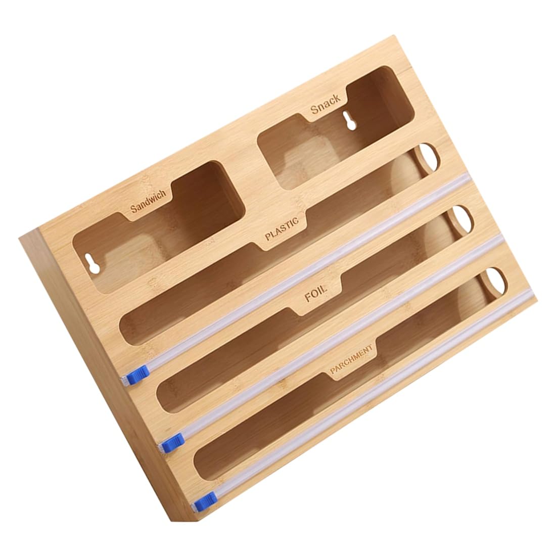 Hndhbfgrt Bamboo Kitchen Cling Film Sealer Organizer Featuring Wall Mount& Removable Towel Rack, Cling Film Cutter Included