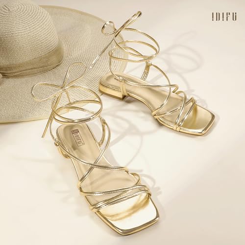 Image of IDIFU Strappy Lace Up Flat Sandals for Women Tie Up Square Open Toe Ankle Wrap Straps Dressy Gladiator Summer Beach Wedding Party Ladies Comfortable Cute Casual Dress Sandals