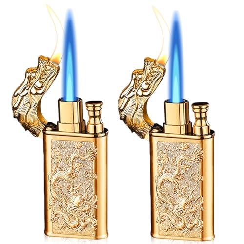 Briquets Lot de 2, Briquet Storm avec Motif Dragon en Relief, Flamme réglable et Douce, Briquet à Butane Rechargeable pour Bougies, Cuisine, Camping, activités de Plein air et Cadeau (gaz Non Inclus)