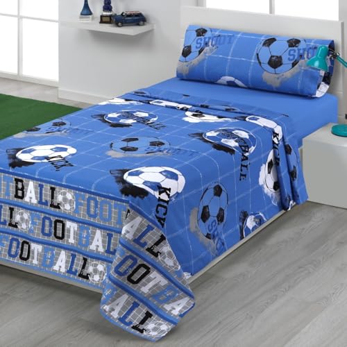 DHESTIA HOME Juego de Sábanas Infantil y Juvenil Algodón y Poliéster 50/50 Diseño Fútbol Kick Color Azul Talla Cama 105