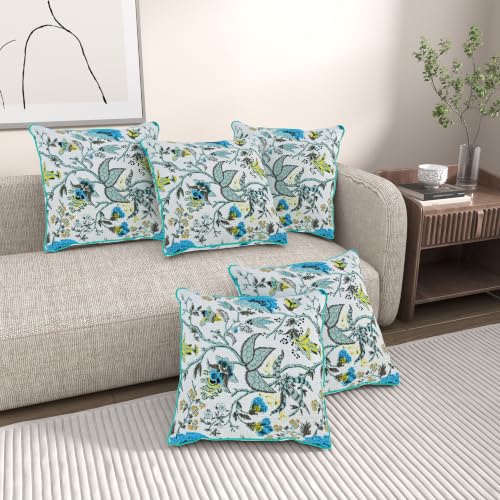 Image of Pure Cotton Quilted Cushion Cover 16x16 Inch | Anokhi Print Decorative Throw Pillow Cover | Soft Cotton Sofa Cushion Cover with Hidden Zipper | Living Room Bedroom Home Decor