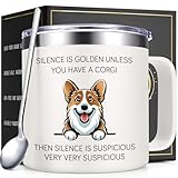 Lifecapido Corgi Gifts, Silence is Golden Unless You Have A Corgi 14 oz Insulated Coffee Mug, Birthday Christmas Gifts for Pet Lovers, White