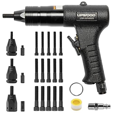 Pneumatic Rivet Nut Gun with 1/4-20, 5/16-18 & 3/8-16 Nose-Piece and Mandrels ,Air Rivet Nut Pull Setter Tool, Quick-Change Nose-Piece Assembly, 5pcs Mandrels Included with Each Size Cover