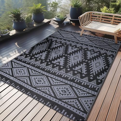 Homaxy Outdoor Teppich Wetterfest, Kunststoff Stroh Faltbar Waschbar UV-beständig Wendbar Balkon Garten Teppich für Terrasse Camping Picknick (120 x 180 cm, Schwarz & Grau)