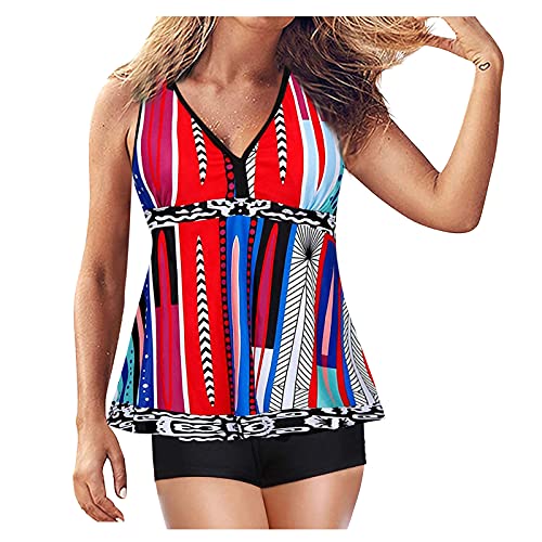 Conjunto Tankinis de dos piezas para mujer con soporte de vientre y cuello alto halter traje de baño alto, rojo, S