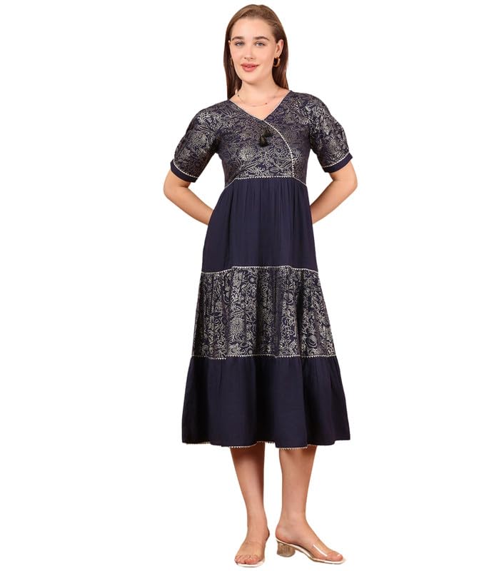 True Shape Women Dress Western | Stylish Foil Print One Piece Midi Flare for Casual, Party Cotton Kurti for Woman | Dresses for Women