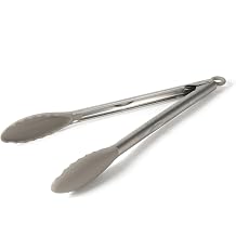 Calphalon Edge Kitchen Tongs, Stainless Steel Locking Tongs with Heat-Resistant Silicone Heads, Nonstick-Safe Cooking Tongs for Grilling, Serving & Food Prep, Taupe