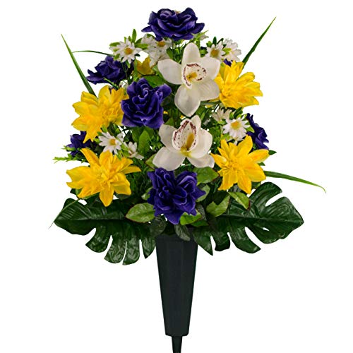 Sympathy Silks Artificial Cemetery Flowers - Realistic Vibrant Roses, Outdoor Grave Decorations - Non-Bleed Colors, And Easy Fit - 1 Purple Rose Yellow Dahlia White Orchid Bouquet With A Vase #TOP21