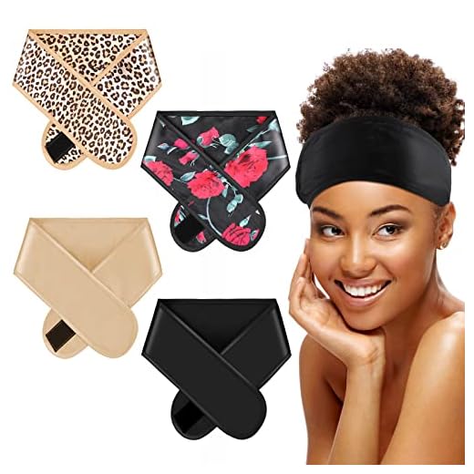 Eurzom 4 Pieces Satin Hair Wrap Scarf Satin Headband for Black Women's Adjustable Silk Hair Wraps for Sleeping Nonslip Strips(Black, Champagne)