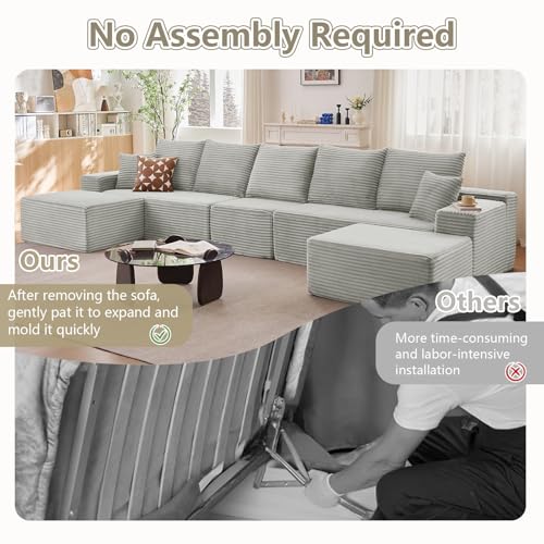 Image of 167.7 inch Sectional Cloud Couch for Living Room, Stupendous U Shaped Sofas, Modular Floor Deep-Seat Sofa, Big Comfy Corduroy Couches Set with Fluffy Memory Foam, No Assembly Required, Grey
